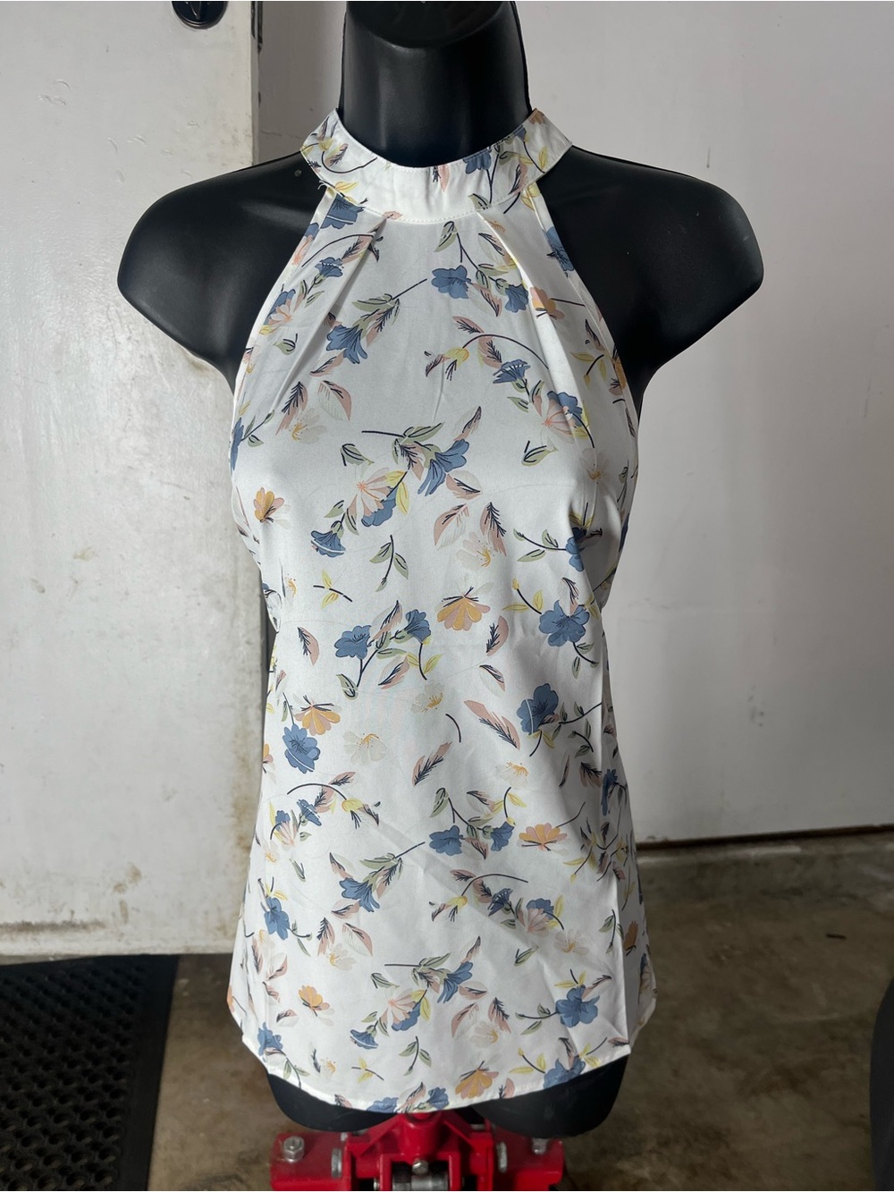 Floral Halter Neck Tank Top - White/Blue